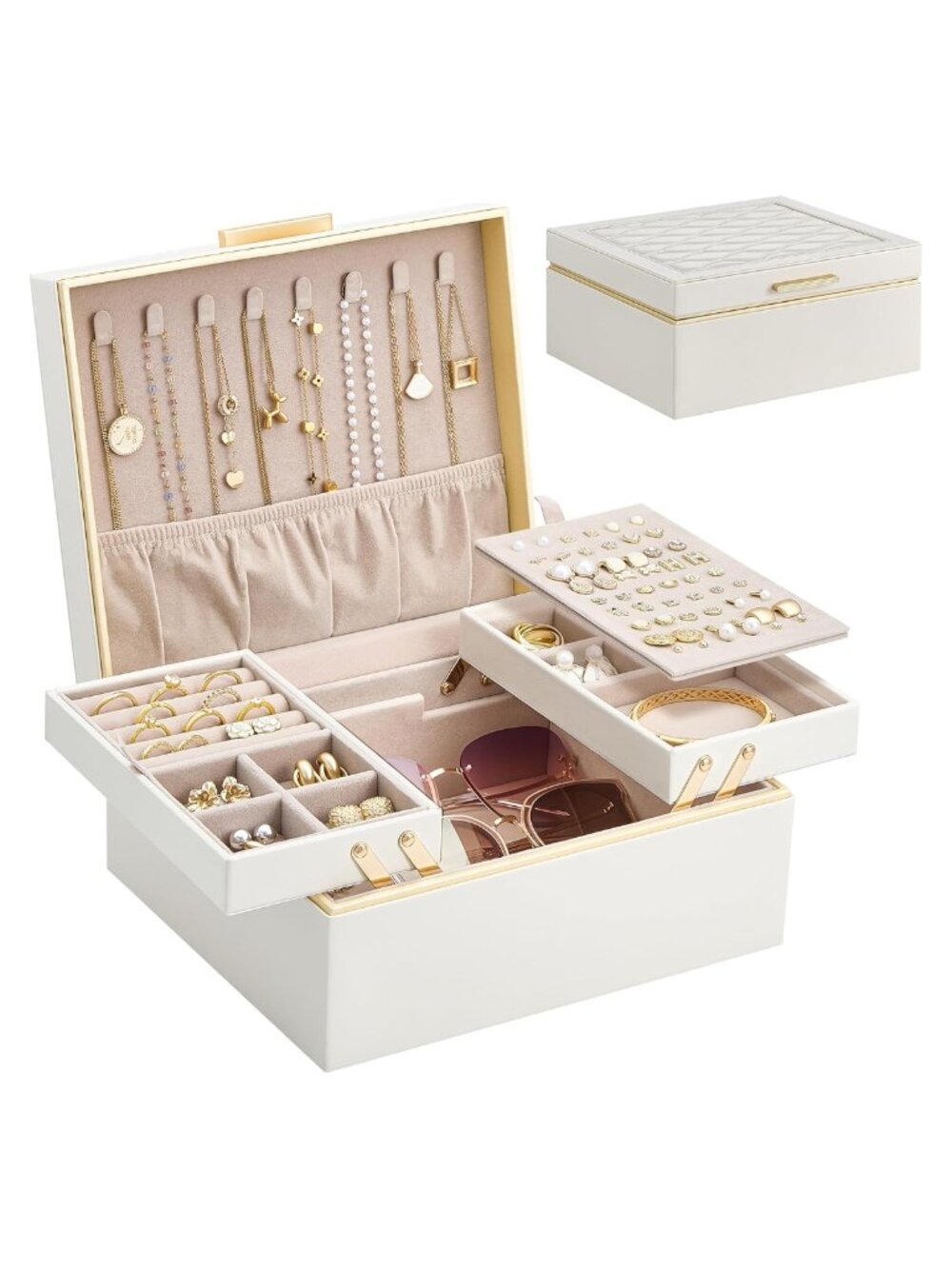 Faux Leather Jewelry Box with Foldable Storage